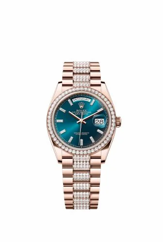 Rolex Day-Date 36 Everose Gold - Diamond / Blue-Green - Baguette / President - Diamond 128345RBR-0084 (m128345rbr-0084)
